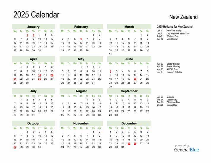 Holiday Calendar 2025 for New Zealand (Monday Start)