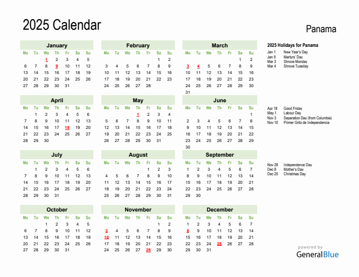 Holiday Calendar 2025 for Panama (Monday Start)