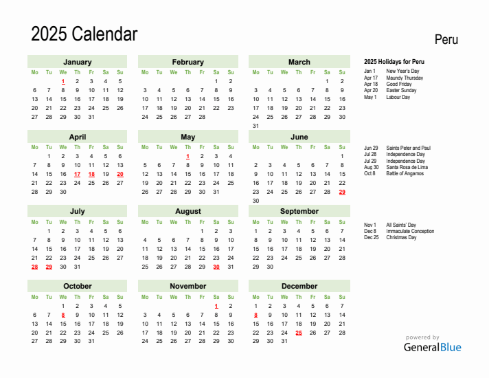 Holiday Calendar 2025 for Peru (Monday Start)