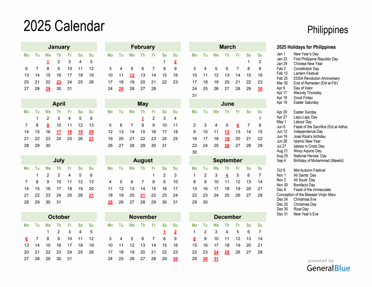 Holiday Calendar 2025 for Philippines (Monday Start)