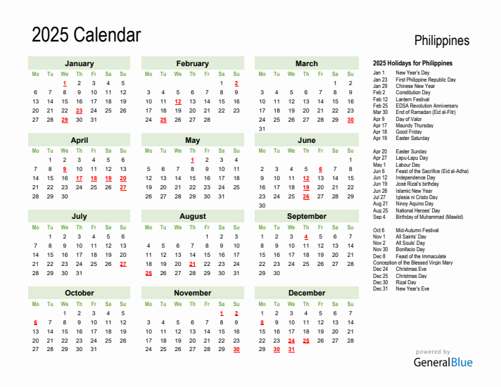 Holiday Calendar 2025 for Philippines (Monday Start)