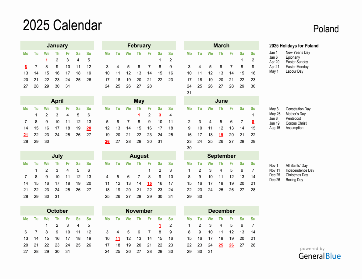 Holiday Calendar 2025 for Poland (Monday Start)