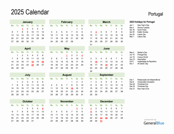 Holiday Calendar 2025 for Portugal (Monday Start)