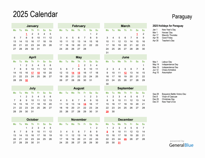 Holiday Calendar 2025 for Paraguay (Monday Start)
