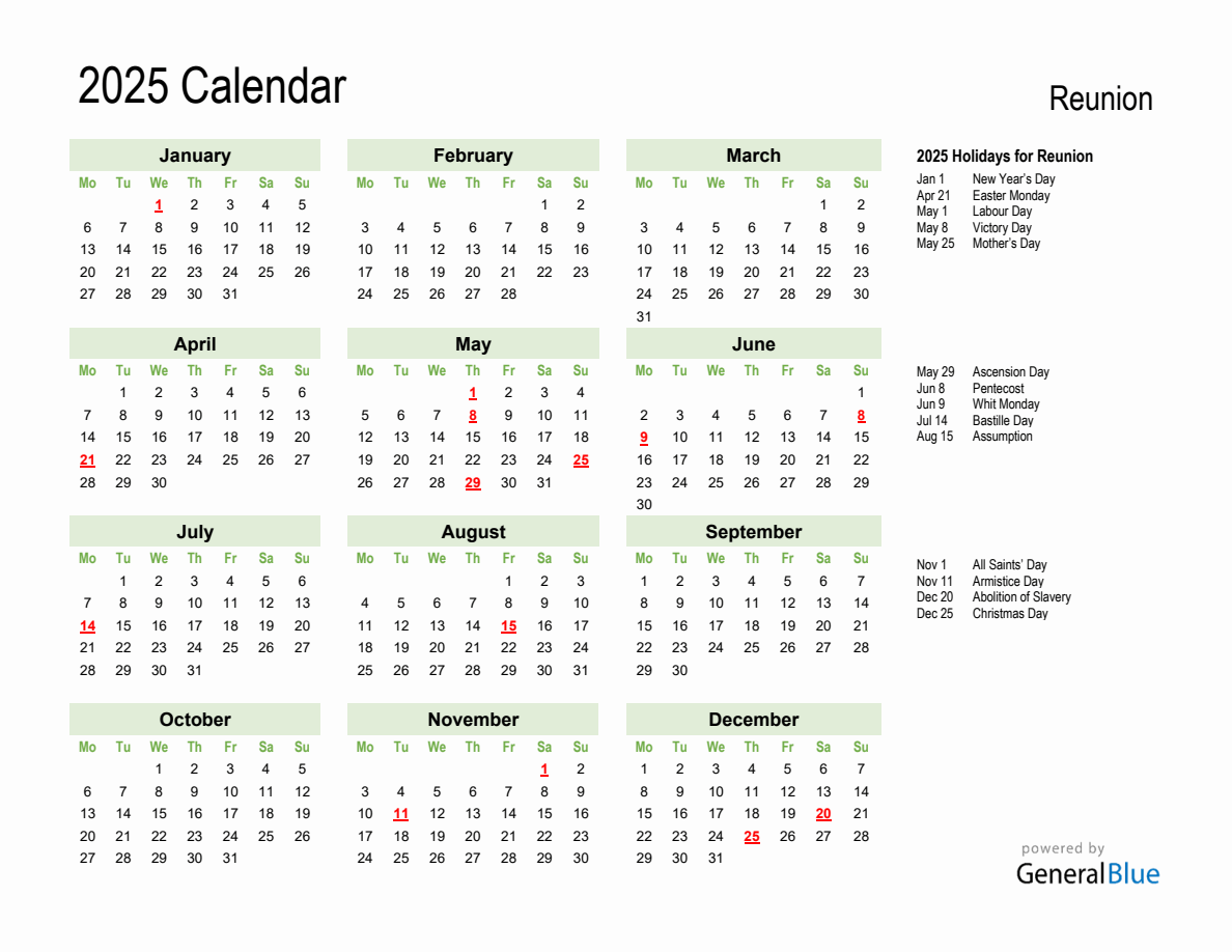 Holiday Calendar 2025 for Reunion (Monday Start)