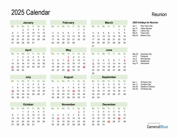 Holiday Calendar 2025 for Reunion (Monday Start)