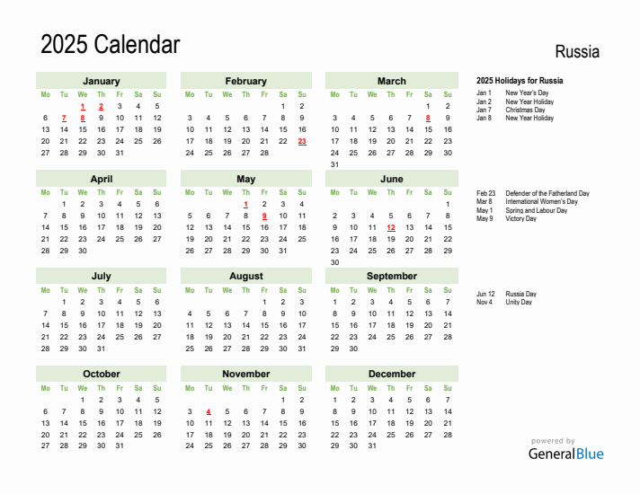 Holiday Calendar 2025 for Russia (Monday Start)