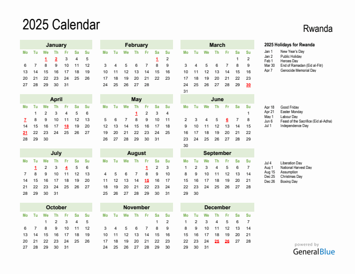 Holiday Calendar 2025 for Rwanda (Monday Start)