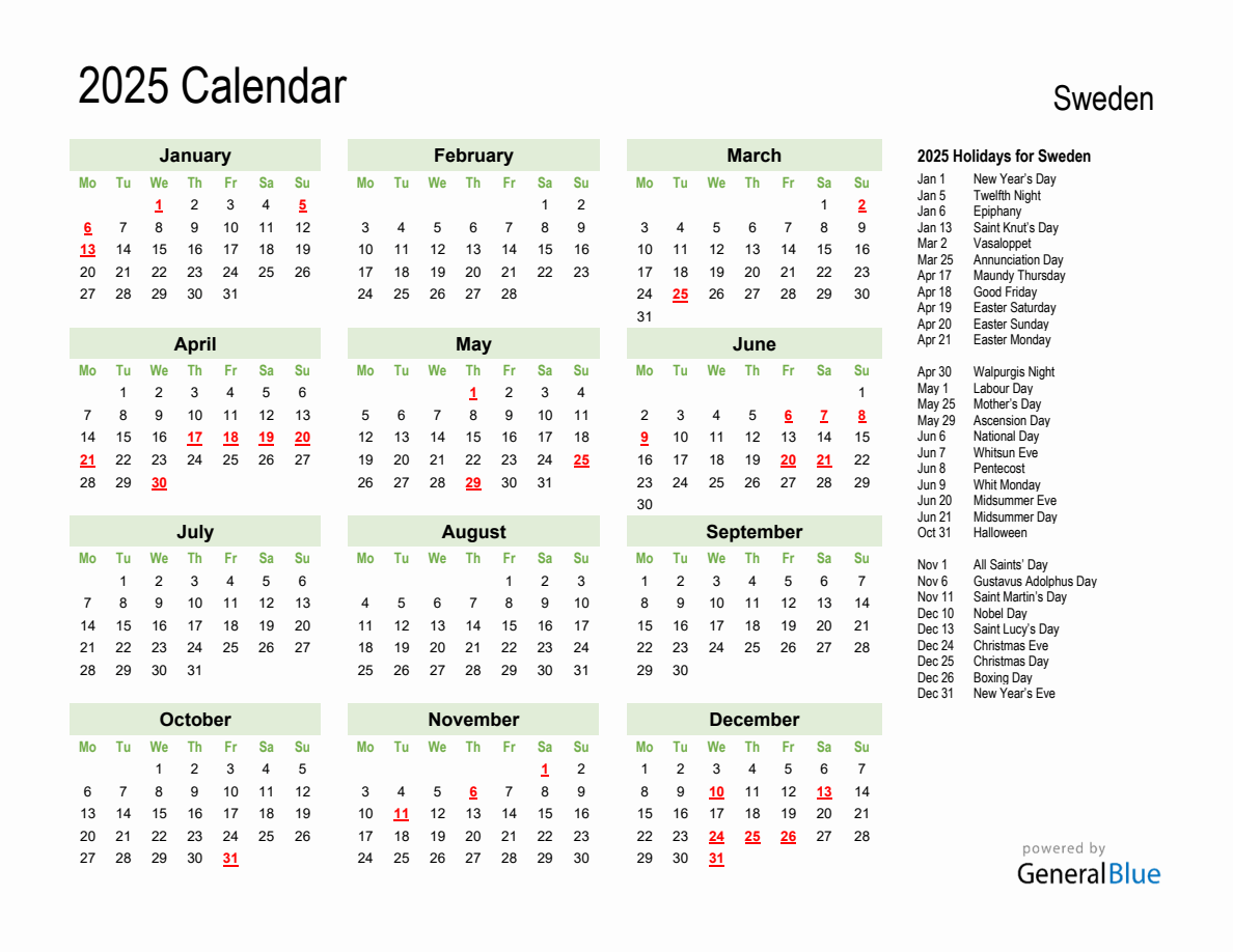 Holiday Calendar 2025 for Sweden (Monday Start)