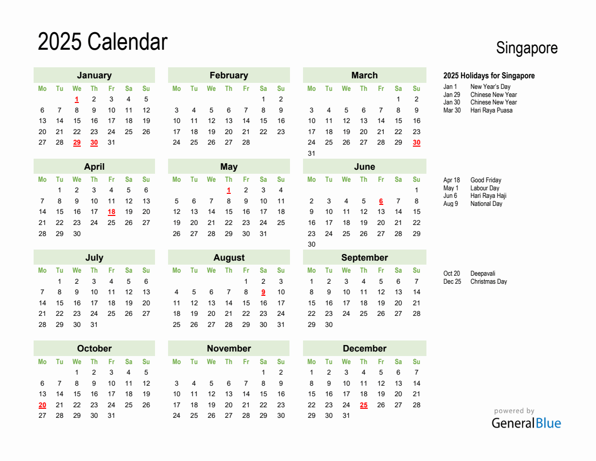 Calendar 2025 With Holidays Singapore