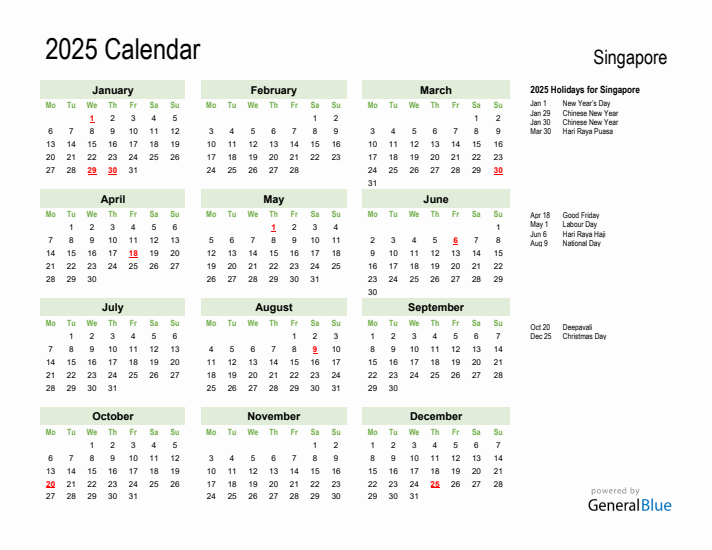 Holiday Calendar 2025 for Singapore (Monday Start)