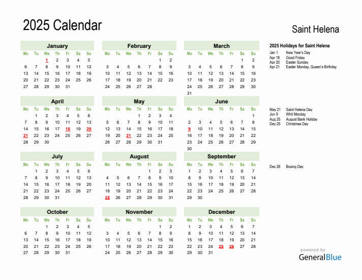Holiday Calendar 2025 for Saint Helena (Monday Start)
