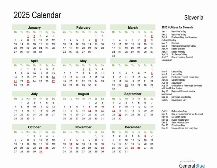 Holiday Calendar 2025 for Slovenia (Monday Start)