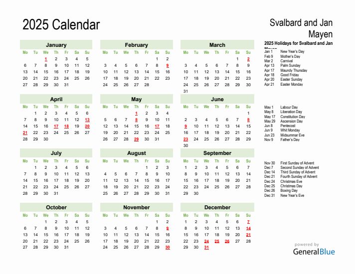 Holiday Calendar 2025 for Svalbard and Jan Mayen (Monday Start)