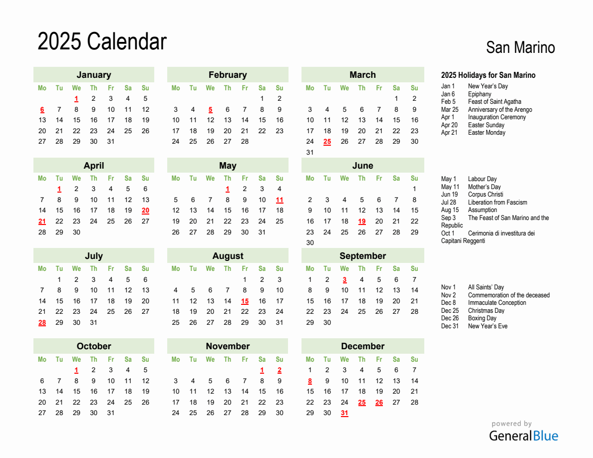 Holiday Calendar 2025 for San Marino (Monday Start)