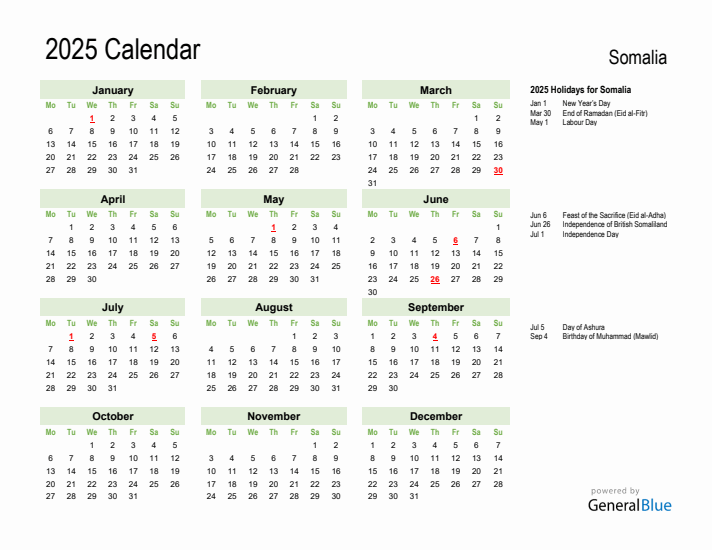 Holiday Calendar 2025 for Somalia (Monday Start)