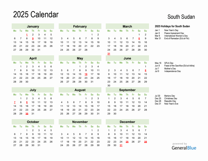Holiday Calendar 2025 for South Sudan (Monday Start)