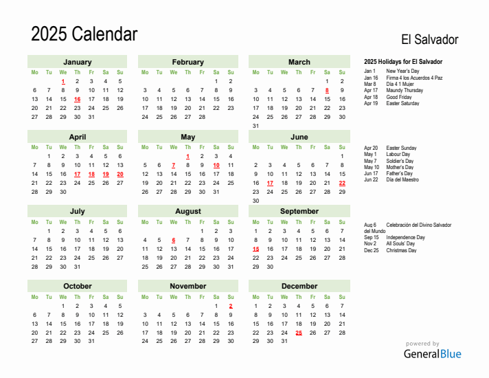 Holiday Calendar 2025 for El Salvador (Monday Start)