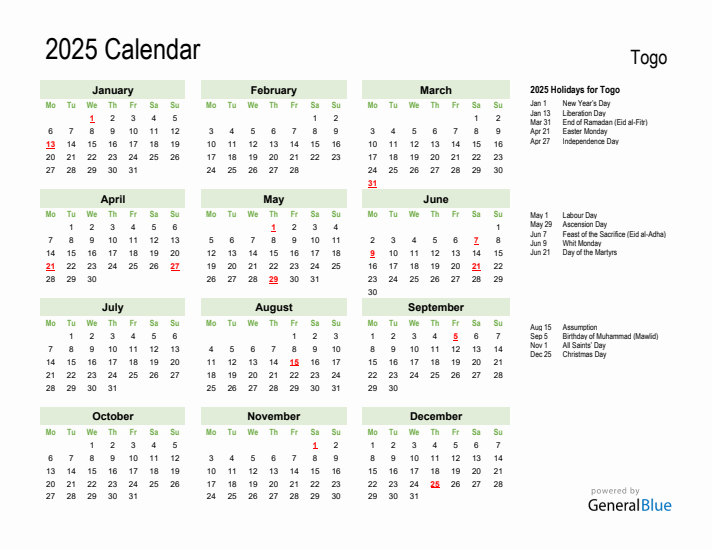 Holiday Calendar 2025 for Togo (Monday Start)