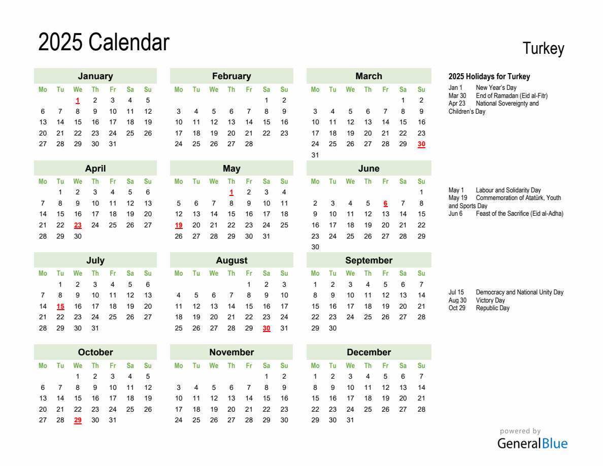 Holiday Calendar 2025 for Turkey (Monday Start)