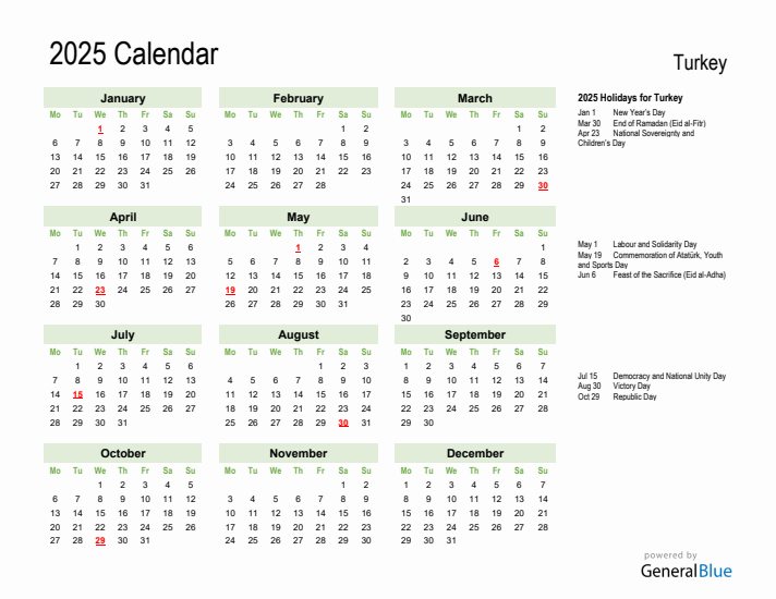 Holiday Calendar 2025 for Turkey (Monday Start)