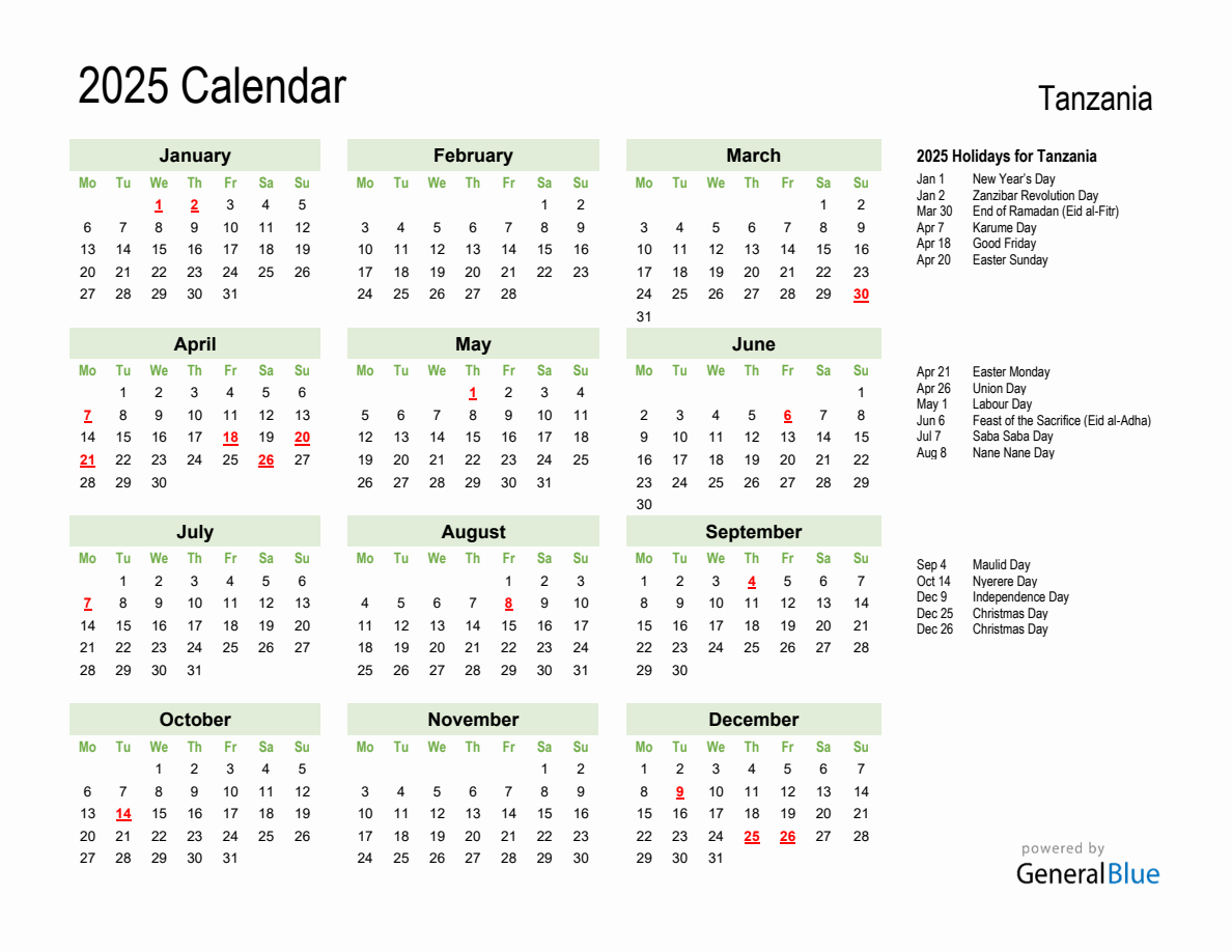 Holiday Calendar 2025 for Tanzania (Monday Start)