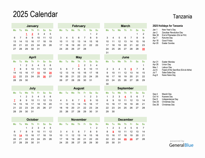Holiday Calendar 2025 for Tanzania (Monday Start)