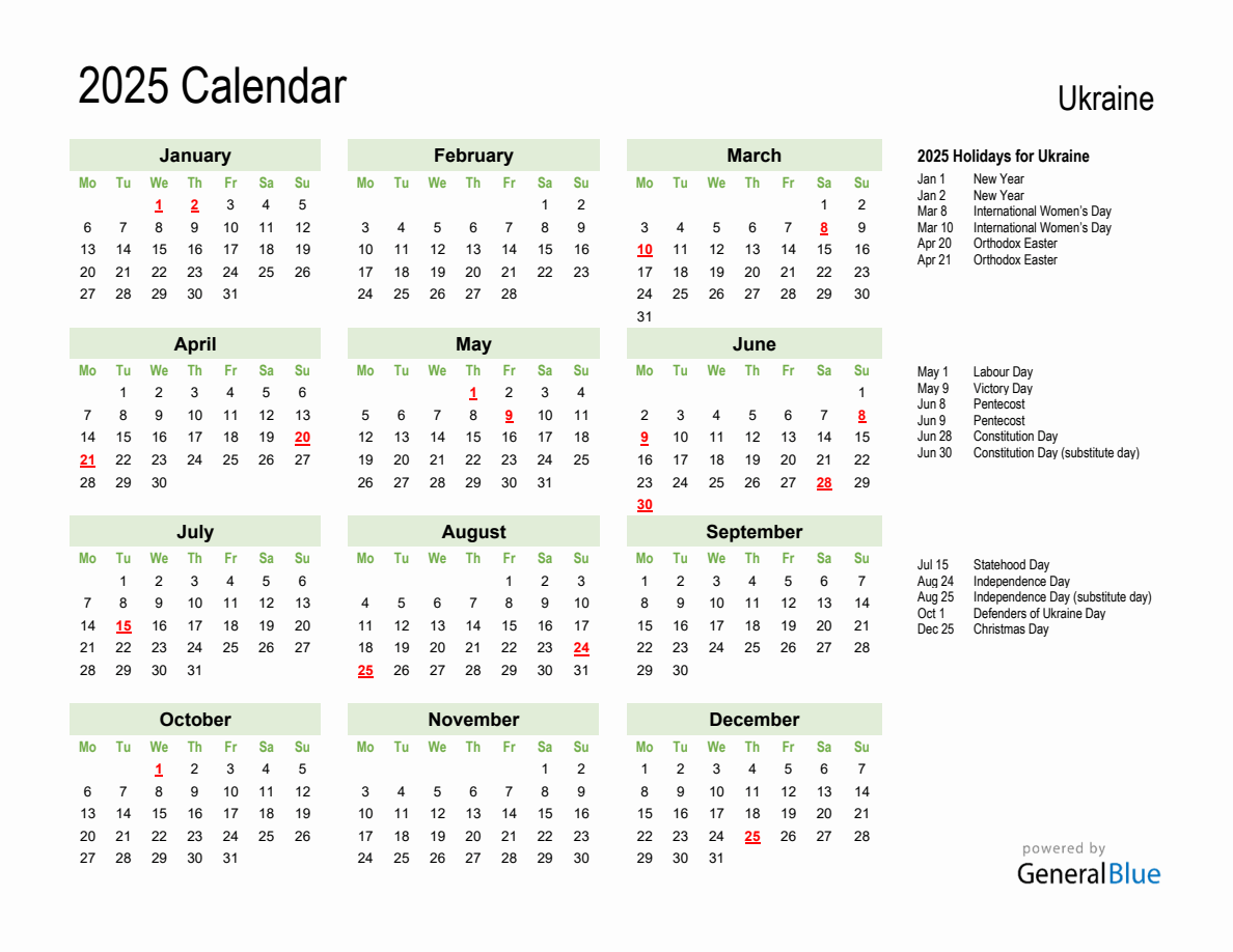 Holiday Calendar 2025 for Ukraine (Monday Start)