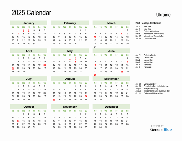 Holiday Calendar 2025 for Ukraine (Monday Start)
