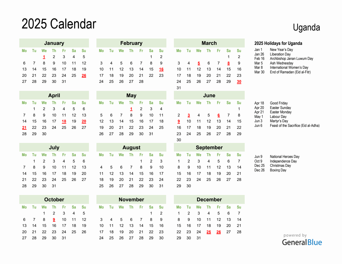 Uganda Calendar 2025 With Public Holidays 