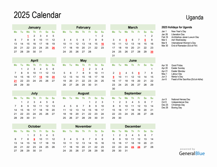 Holiday Calendar 2025 for Uganda (Monday Start)