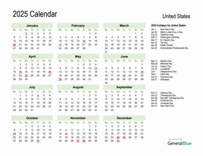 Holiday Calendar 2025 for United States (Monday Start)