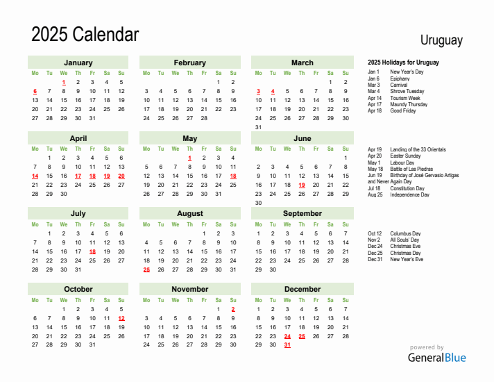 Holiday Calendar 2025 for Uruguay (Monday Start)