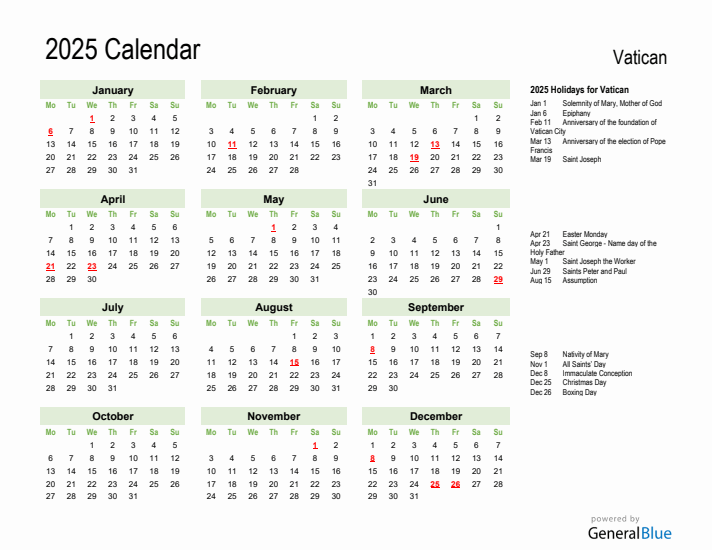 Holiday Calendar 2025 for Vatican (Monday Start)