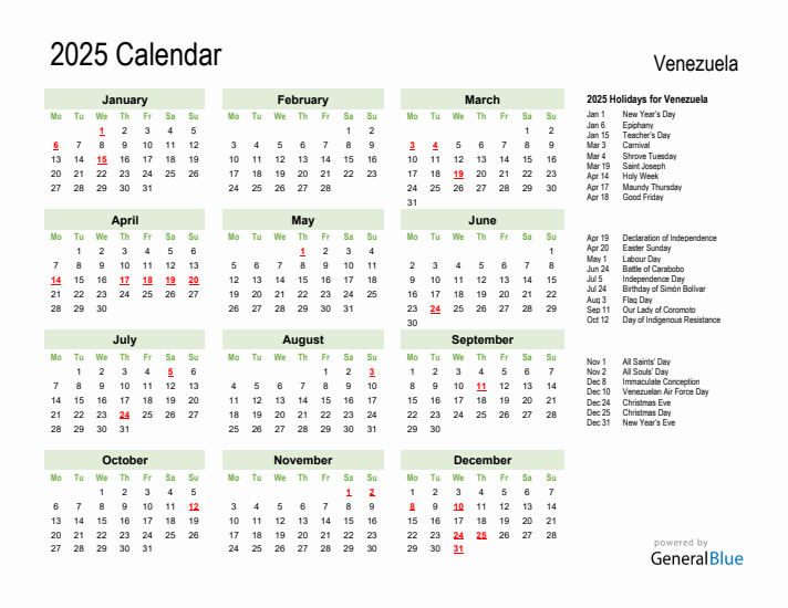 Holiday Calendar 2025 for Venezuela (Monday Start)
