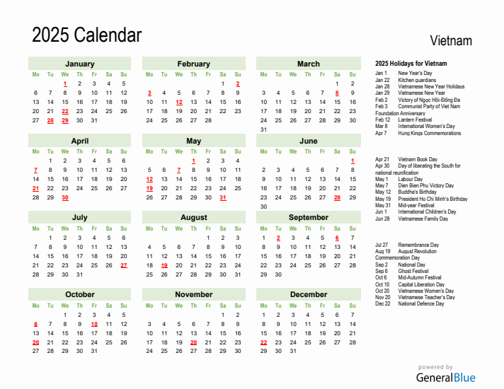 Holiday Calendar 2025 for Vietnam (Monday Start)