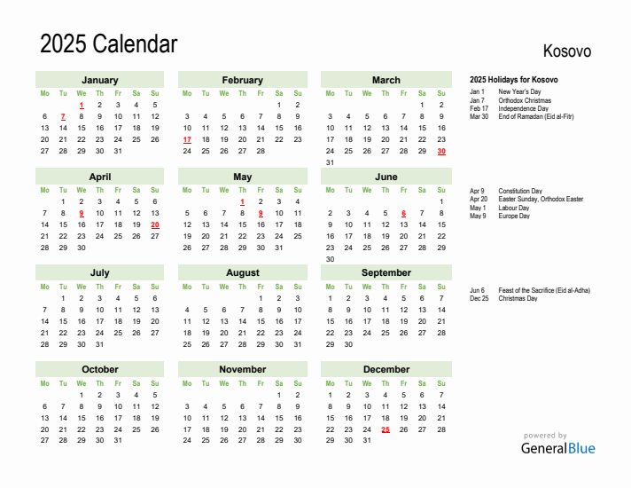 Holiday Calendar 2025 for Kosovo (Monday Start)