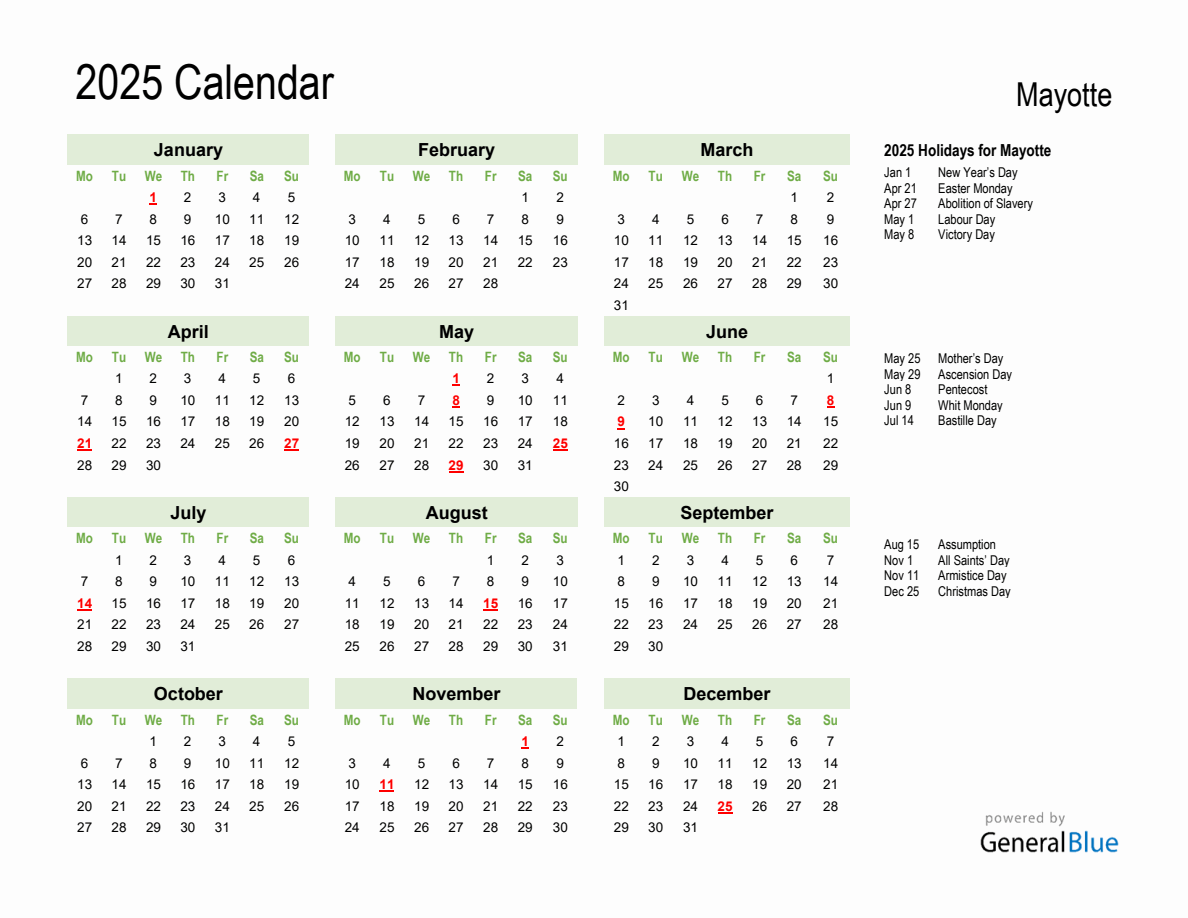 Holiday Calendar 2025 for Mayotte (Monday Start)