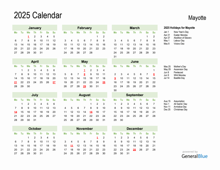 Holiday Calendar 2025 for Mayotte (Monday Start)