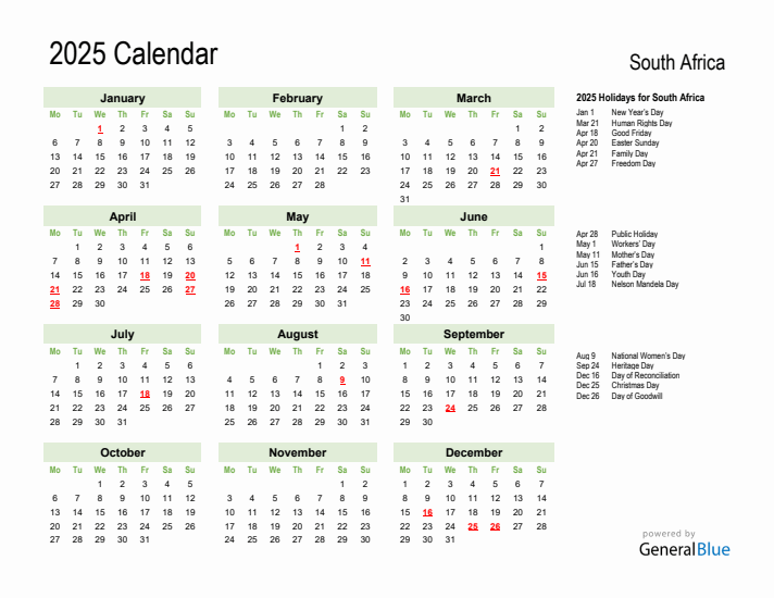 Holiday Calendar 2025 for South Africa (Monday Start)