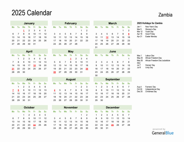 Holiday Calendar 2025 for Zambia (Monday Start)