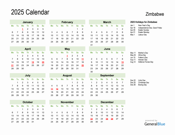 Holiday Calendar 2025 for Zimbabwe (Monday Start)