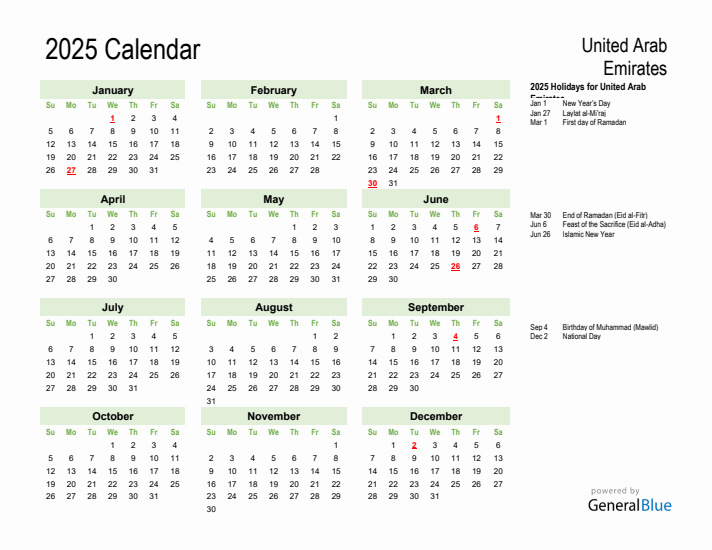 Holiday Calendar 2025 for United Arab Emirates (Sunday Start)