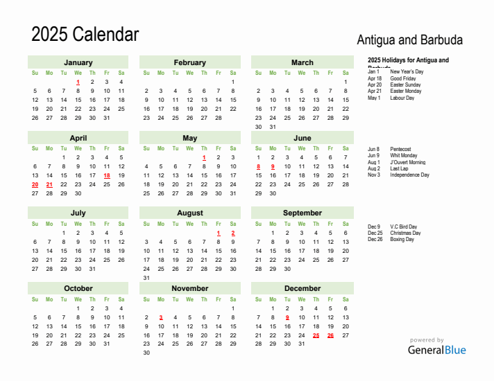 Holiday Calendar 2025 for Antigua and Barbuda (Sunday Start)