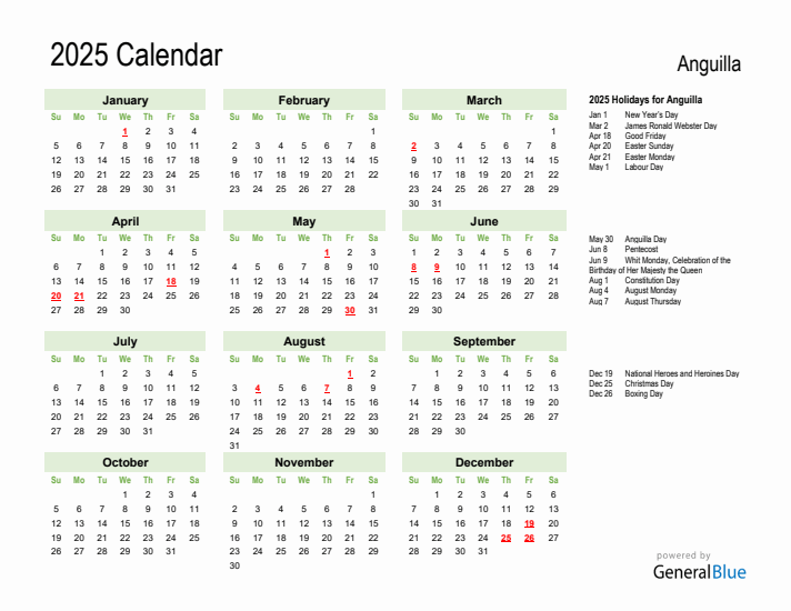 Holiday Calendar 2025 for Anguilla (Sunday Start)