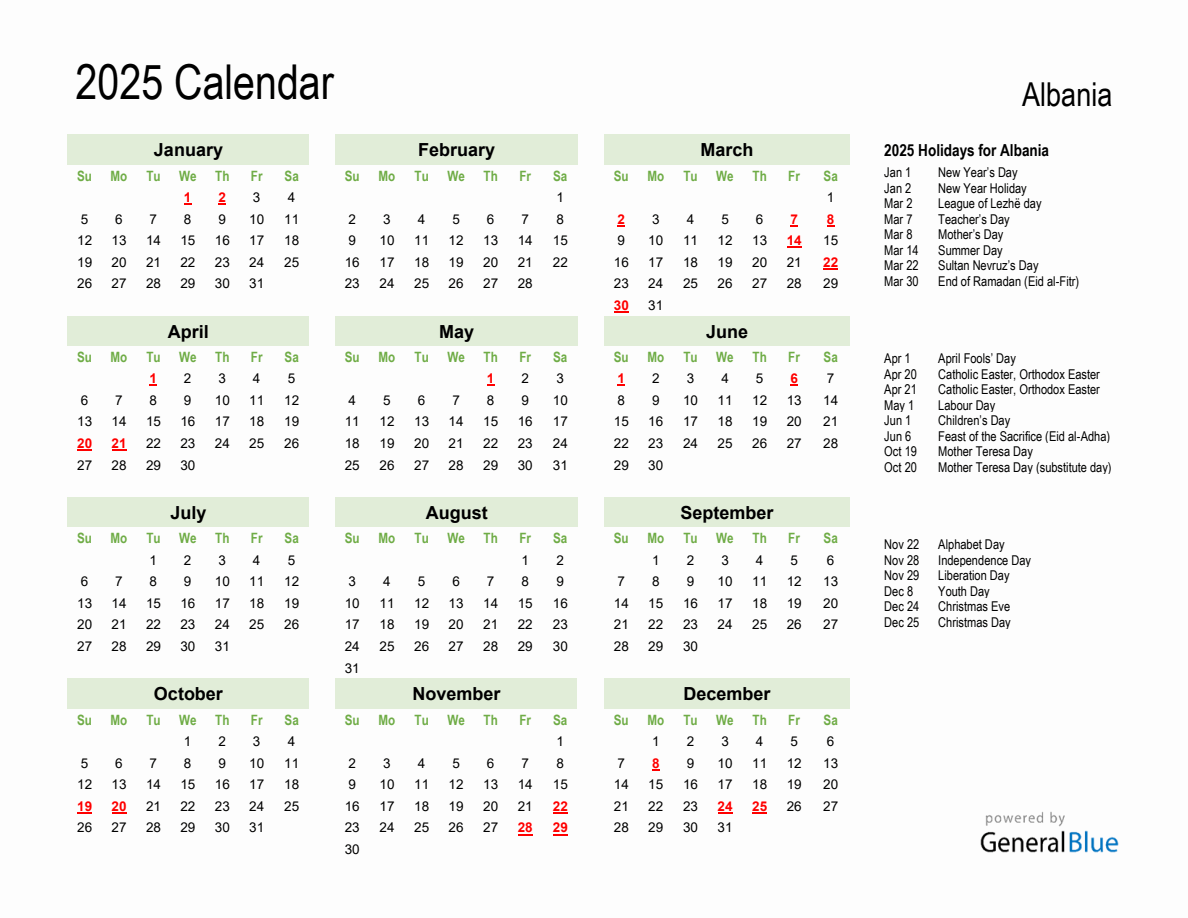 Holiday Calendar 2025 for Albania (Sunday Start)