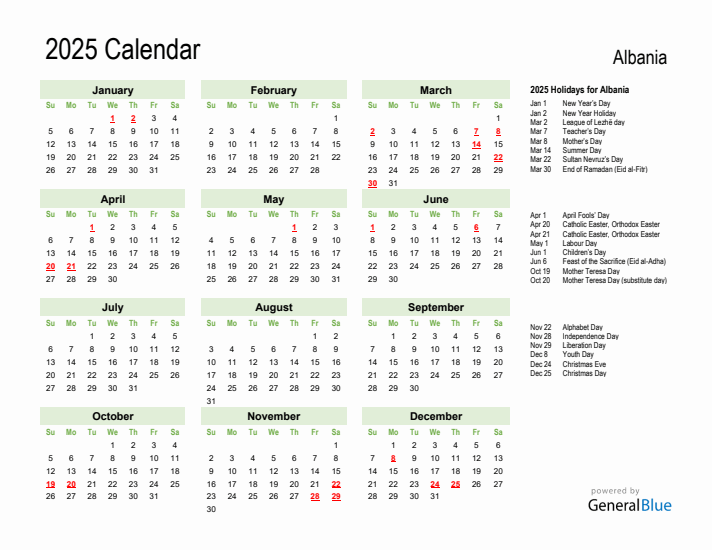 Holiday Calendar 2025 for Albania (Sunday Start)