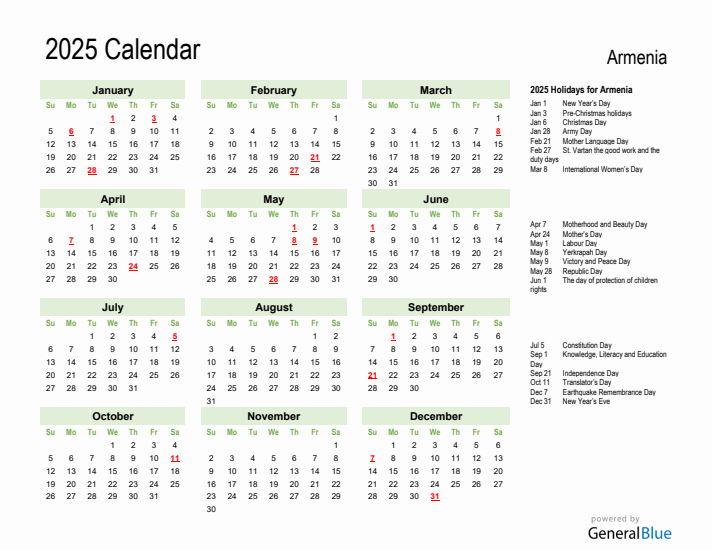 Holiday Calendar 2025 for Armenia (Sunday Start)