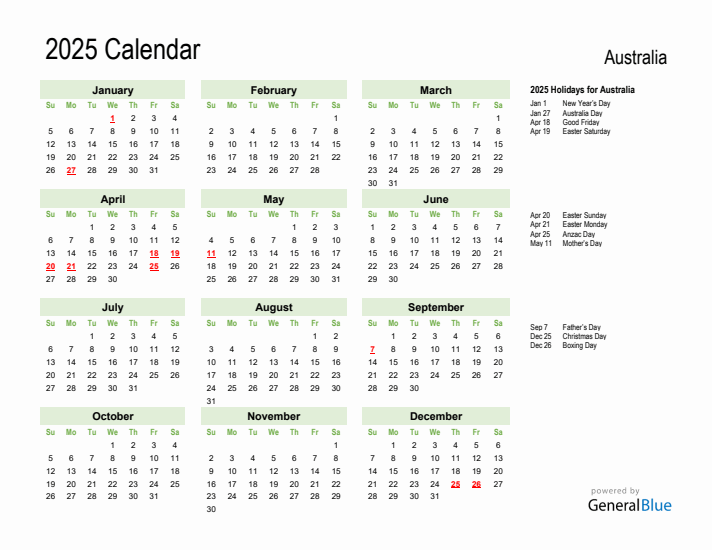 Holiday Calendar 2025 for Australia (Sunday Start)
