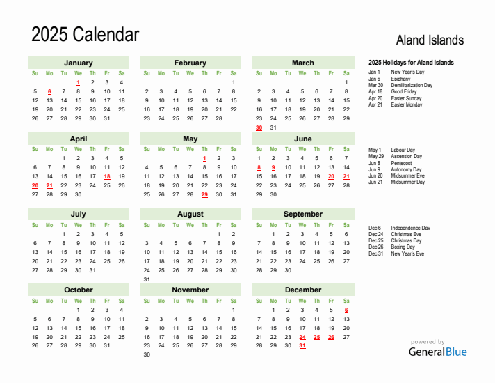 Holiday Calendar 2025 for Aland Islands (Sunday Start)